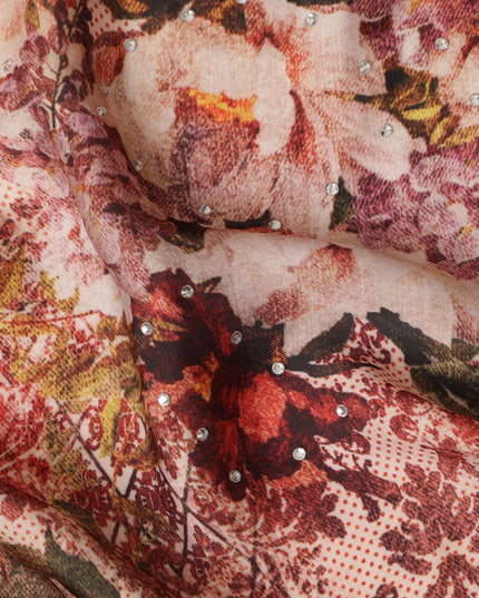 Synthetic Modal Satin Fabric with Stone Work - Vintage Rose and Lace Pattern in Earthy Tones, 110 cm Width-D20655