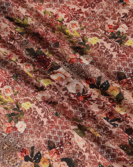 Synthetic Modal Satin Fabric with Stone Work - Vintage Rose and Lace Pattern in Earthy Tones, 110 cm Width-D20655