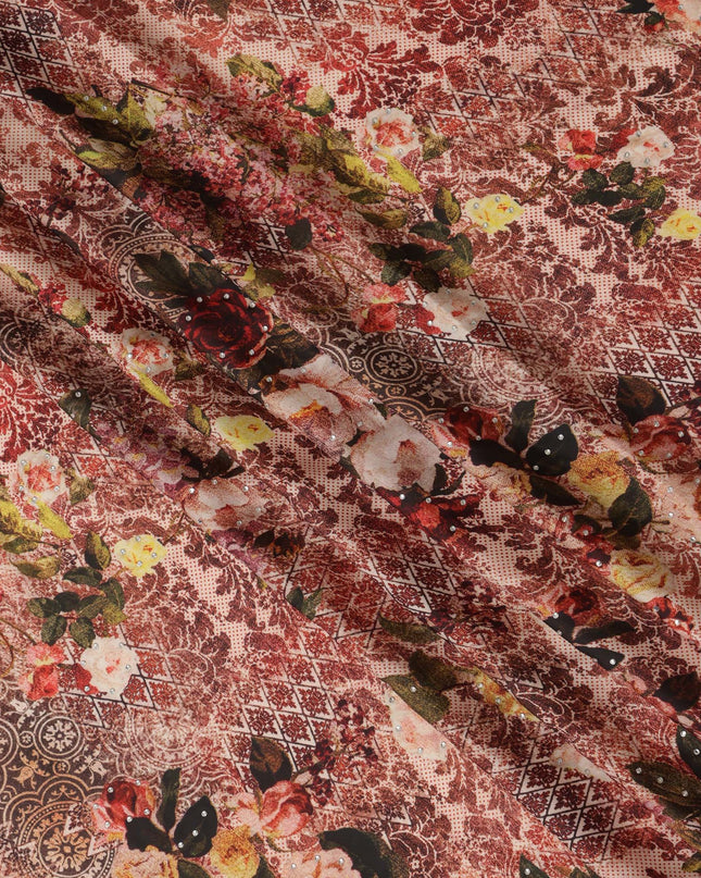 Synthetic Modal Satin Fabric with Stone Work - Vintage Rose and Lace Pattern in Earthy Tones, 110 cm Width-D20655