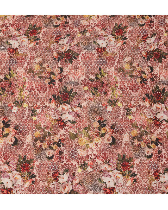 Synthetic Modal Satin Fabric with Stone Work - Vintage Rose and Lace Pattern in Earthy Tones, 110 cm Width-D20655