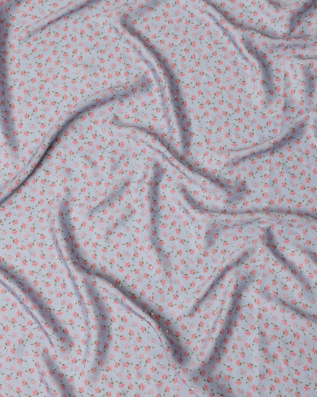 Synthetic Modal Satin Fabric with Stone Work - Petite Pink Floral on Soft Lavender, 110 cm Width-D20657