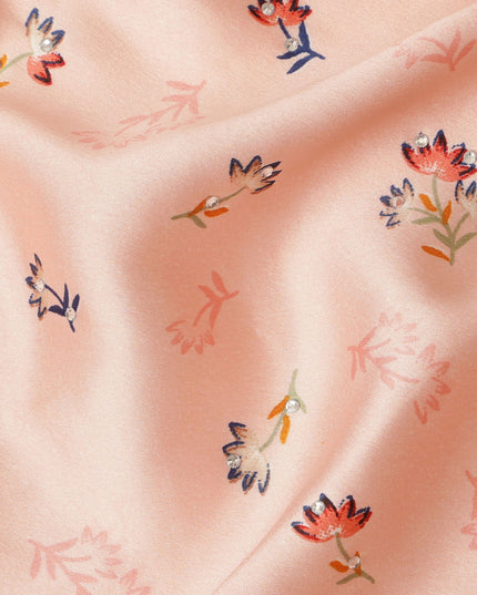 Synthetic Modal Satin Fabric with Stone Work - Delicate Multicolor Floral on Peach, 110 cm Width-D20658