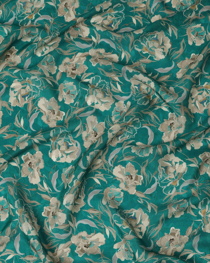 Viscose Crepe Fabric with Stone Work - Elegant Beige Floral on Teal Green, 110 cm Width-D20659