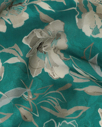 Viscose Crepe Fabric with Stone Work - Elegant Beige Floral on Teal Green, 110 cm Width-D20659