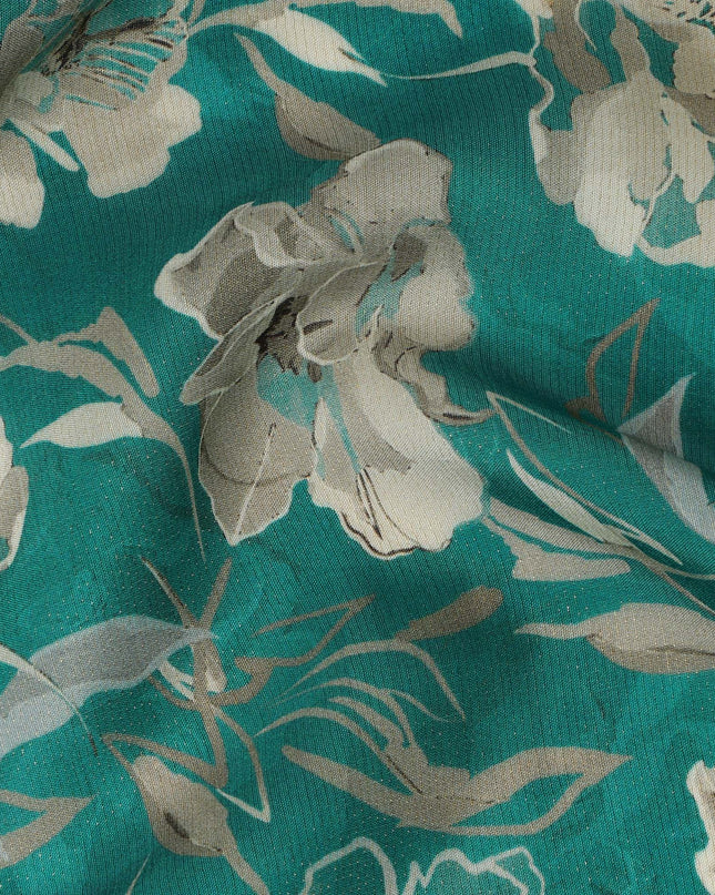 Viscose Crepe Fabric with Stone Work - Elegant Beige Floral on Teal Green, 110 cm Width-D20659