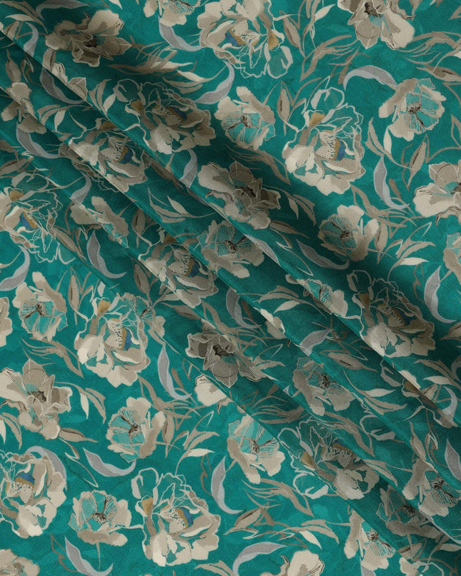 Viscose Crepe Fabric with Stone Work - Elegant Beige Floral on Teal Green, 110 cm Width-D20659