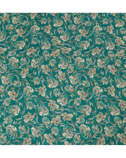 Viscose Crepe Fabric with Stone Work - Elegant Beige Floral on Teal Green, 110 cm Width-D20659