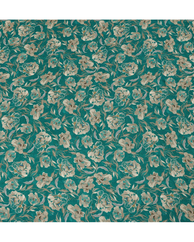 Viscose Crepe Fabric with Stone Work - Elegant Beige Floral on Teal Green, 110 cm Width-D20659