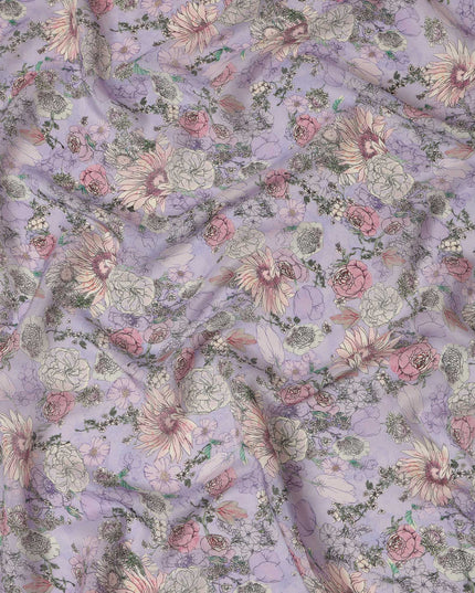 Viscose Crepe Fabric with Stone Work - Delicate Pastel Floral on Lavender, 110 cm Width-D20660