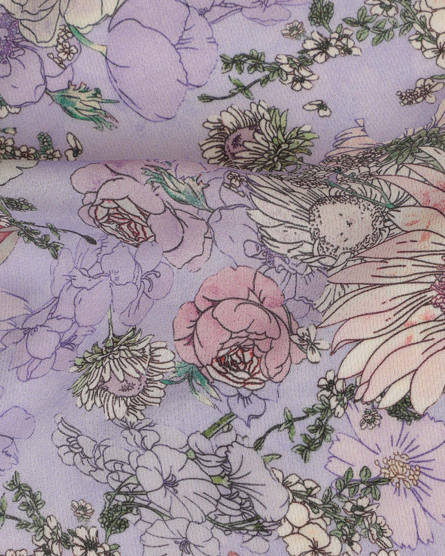 Viscose Crepe Fabric with Stone Work - Delicate Pastel Floral on Lavender, 110 cm Width-D20660