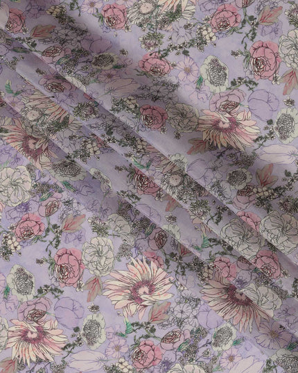 Viscose Crepe Fabric with Stone Work - Delicate Pastel Floral on Lavender, 110 cm Width-D20660