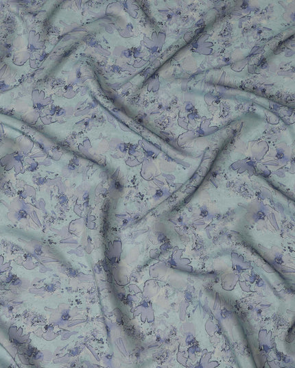 Viscose Crepe Fabric with Stone Work - Soft Blue Floral on Aqua Green, 110 cm Width-D20661