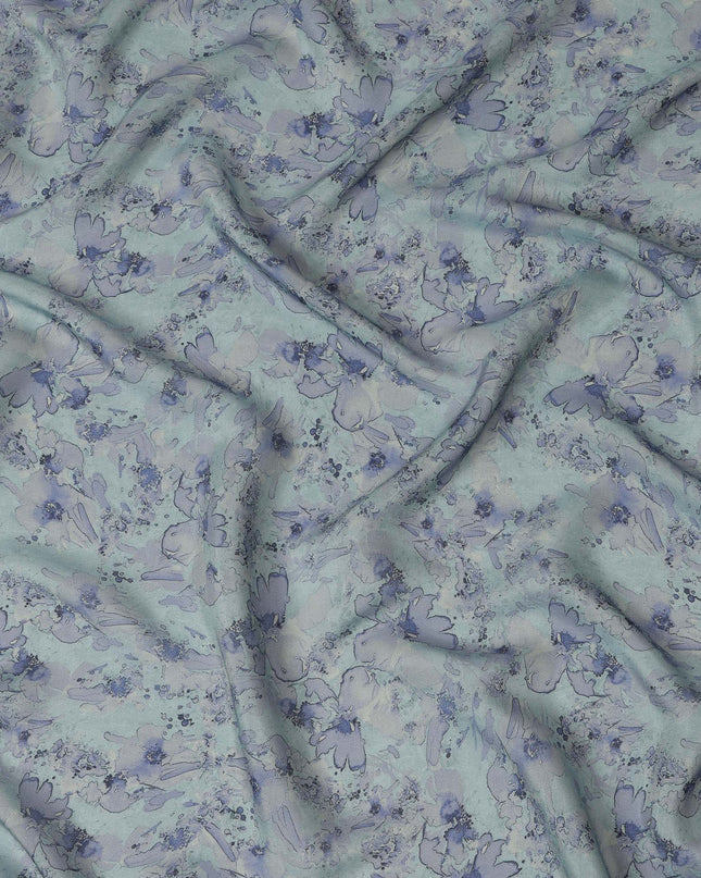 Viscose Crepe Fabric with Stone Work - Soft Blue Floral on Aqua Green, 110 cm Width-D20661