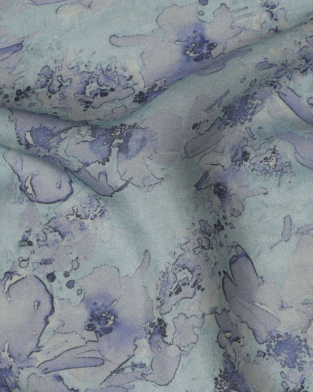 Viscose Crepe Fabric with Stone Work - Soft Blue Floral on Aqua Green, 110 cm Width-D20661