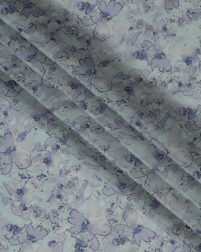 Viscose Crepe Fabric with Stone Work - Soft Blue Floral on Aqua Green, 110 cm Width-D20661