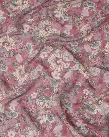 Viscose Crepe Fabric with Stone Work - Vintage Floral Print on Dusty Rose, 110 cm Width-D20662