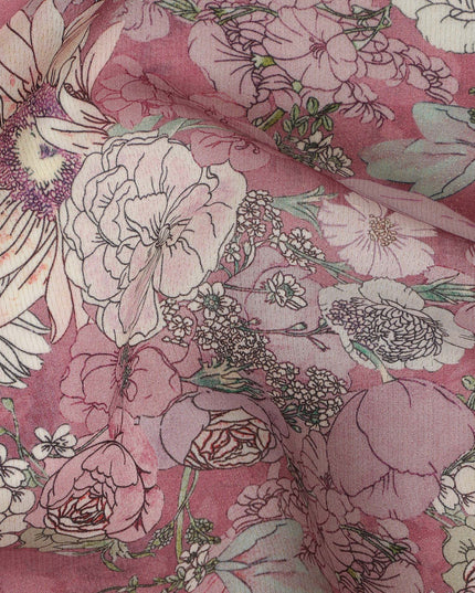 Viscose Crepe Fabric with Stone Work - Vintage Floral Print on Dusty Rose, 110 cm Width-D20662