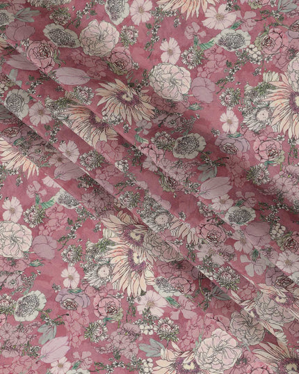 Viscose Crepe Fabric with Stone Work - Vintage Floral Print on Dusty Rose, 110 cm Width-D20662