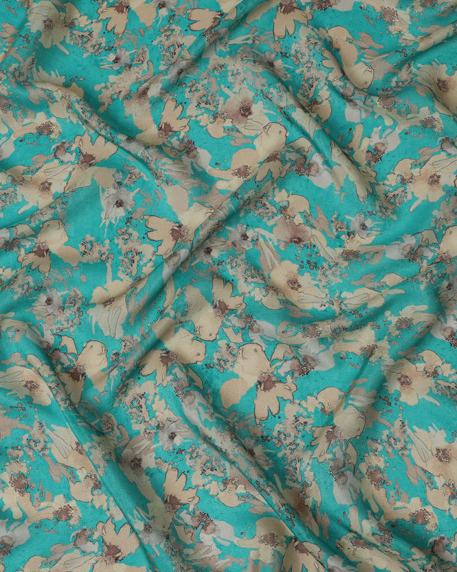 Viscose Crepe Fabric with Stone Work - Beige Floral on Turquoise, 110 cm Width-D20663