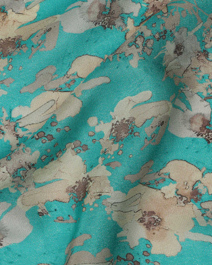 Viscose Crepe Fabric with Stone Work - Beige Floral on Turquoise, 110 cm Width-D20663