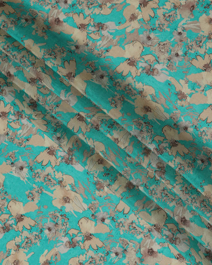 Viscose Crepe Fabric with Stone Work - Beige Floral on Turquoise, 110 cm Width-D20663