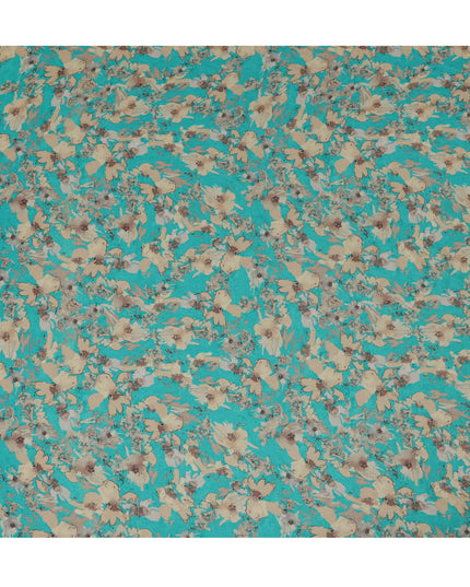 Viscose Crepe Fabric with Stone Work - Beige Floral on Turquoise, 110 cm Width-D20663