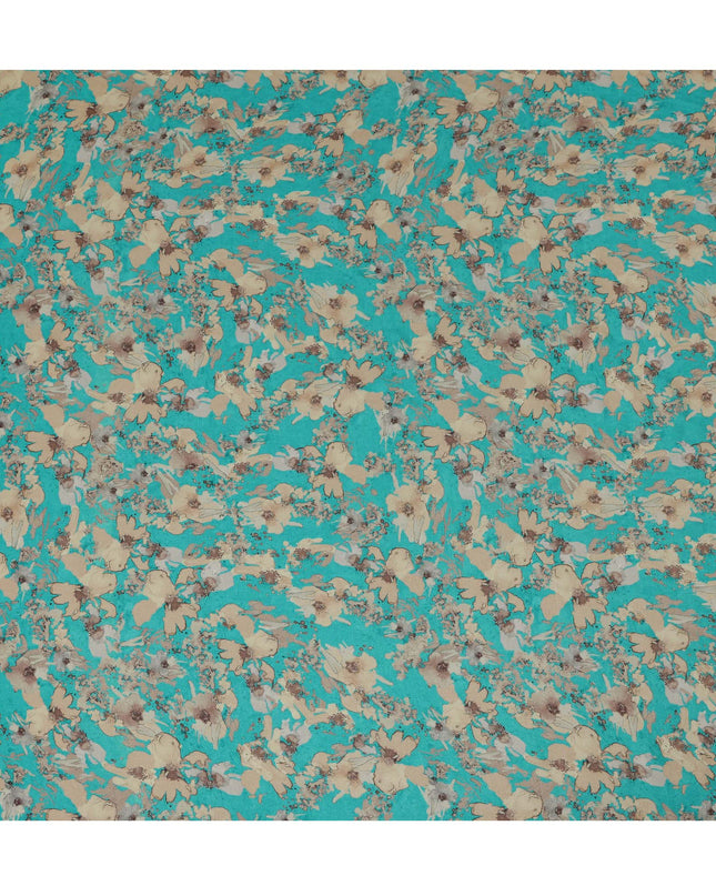 Viscose Crepe Fabric with Stone Work - Beige Floral on Turquoise, 110 cm Width-D20663