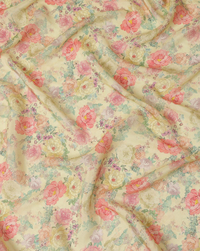 Viscose Crepe Fabric with Stone Work - Pastel Floral on Light Yellow, 110 cm Width-D20664