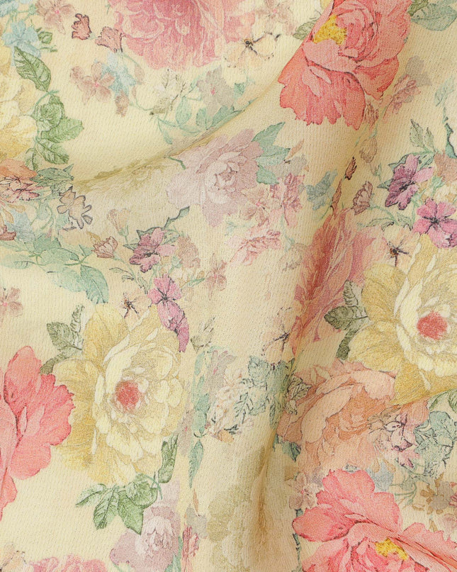 Viscose Crepe Fabric with Stone Work - Pastel Floral on Light Yellow, 110 cm Width-D20664