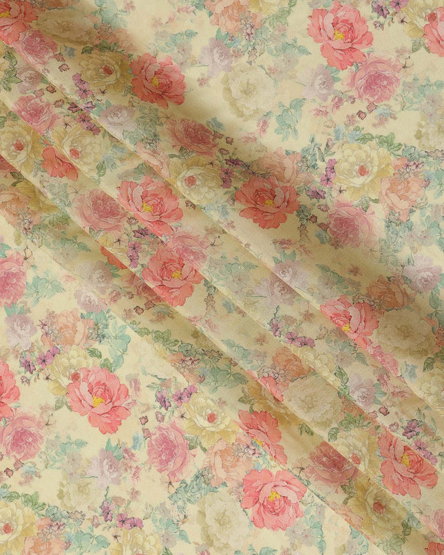 Viscose Crepe Fabric with Stone Work - Pastel Floral on Light Yellow, 110 cm Width-D20664