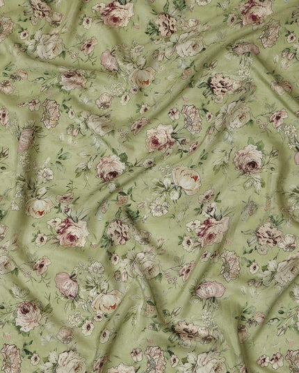 Viscose Crepe Fabric with Stone Work - Vintage Beige Floral on Olive Green, 110 cm Width-D20665