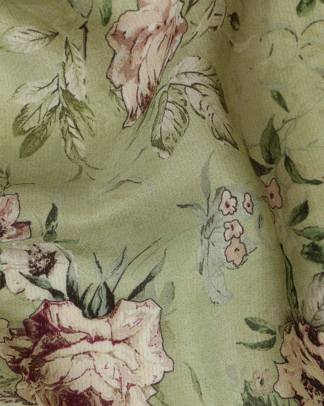 Viscose Crepe Fabric with Stone Work - Vintage Beige Floral on Olive Green, 110 cm Width-D20665