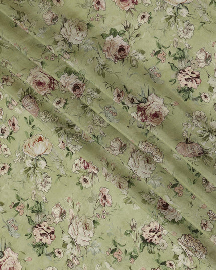 Viscose Crepe Fabric with Stone Work - Vintage Beige Floral on Olive Green, 110 cm Width-D20665