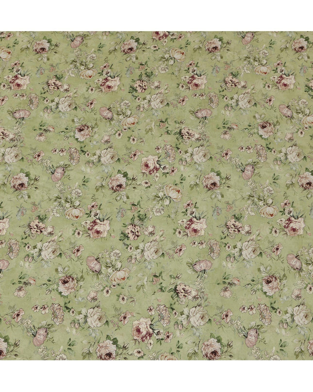 Viscose Crepe Fabric with Stone Work - Vintage Beige Floral on Olive Green, 110 cm Width-D20665