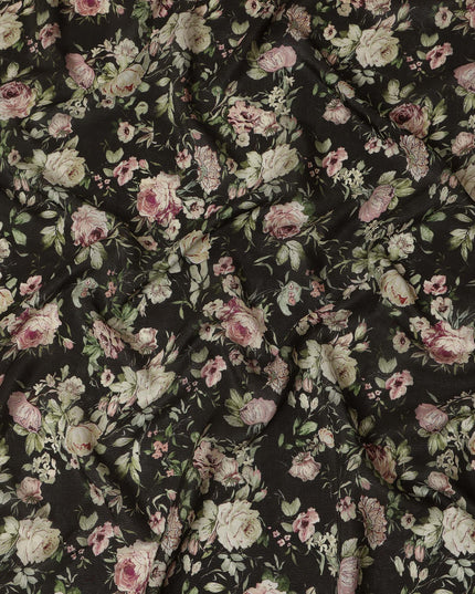 Viscose Crepe Fabric with Stone Work - Soft Pink Floral on Black, 110 cm Width-D20666