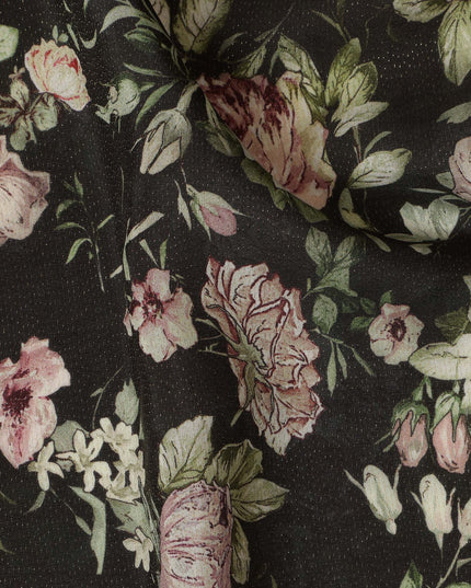 Viscose Crepe Fabric with Stone Work - Soft Pink Floral on Black, 110 cm Width-D20666