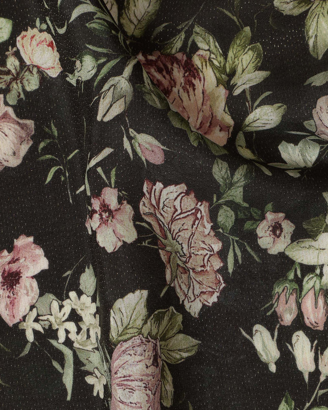 Viscose Crepe Fabric with Stone Work - Soft Pink Floral on Black, 110 cm Width-D20666