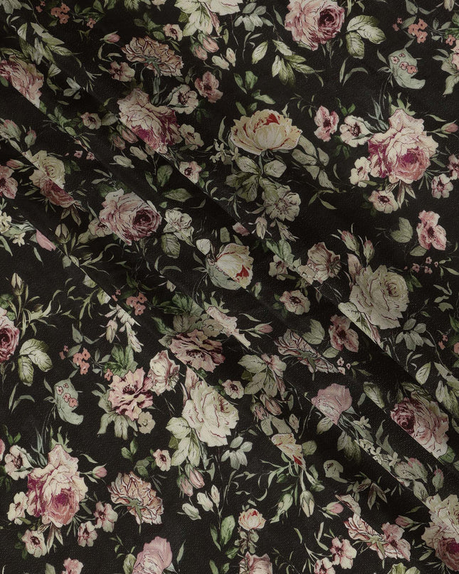 Viscose Crepe Fabric with Stone Work - Soft Pink Floral on Black, 110 cm Width-D20666