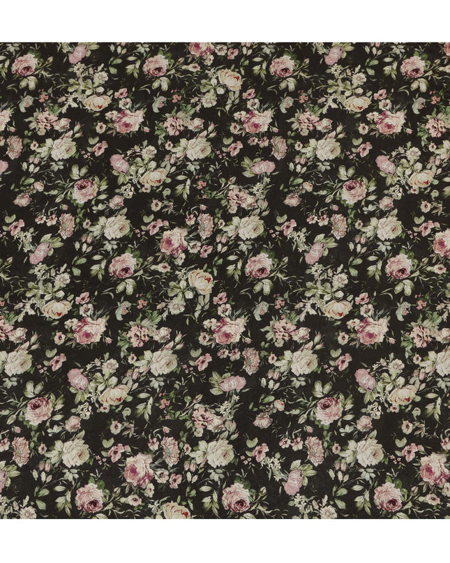 Viscose Crepe Fabric with Stone Work - Soft Pink Floral on Black, 110 cm Width-D20666