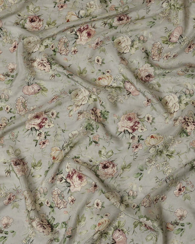 Viscose Crepe Fabric with Stone Work - Blush Pink and Cream Floral on Sage Green, 110 cm Width-D20667