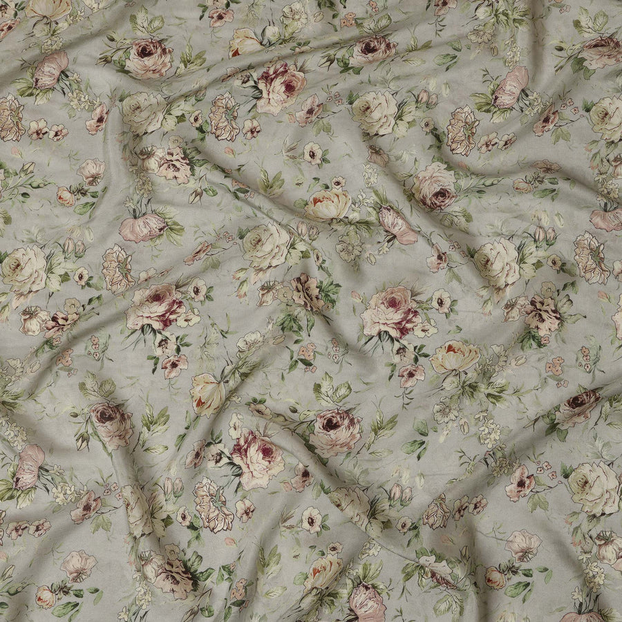 قماش كريب فيسكوز مع زخارف حجرية - وردي خدود وكريمي على أخضر حكيم، عرض 110 سم - D20667