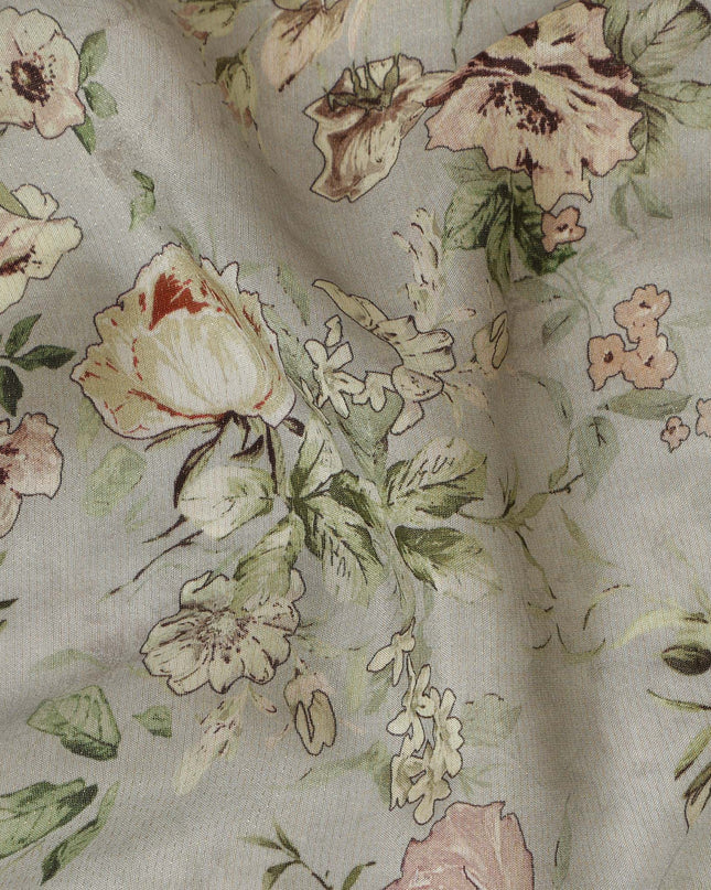 Viscose Crepe Fabric with Stone Work - Blush Pink and Cream Floral on Sage Green, 110 cm Width-D20667