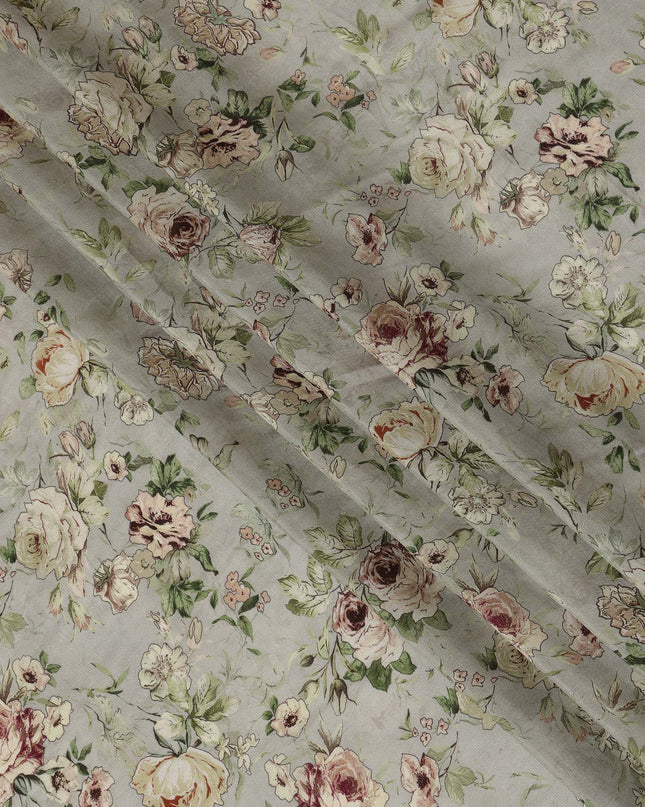 Viscose Crepe Fabric with Stone Work - Blush Pink and Cream Floral on Sage Green, 110 cm Width-D20667