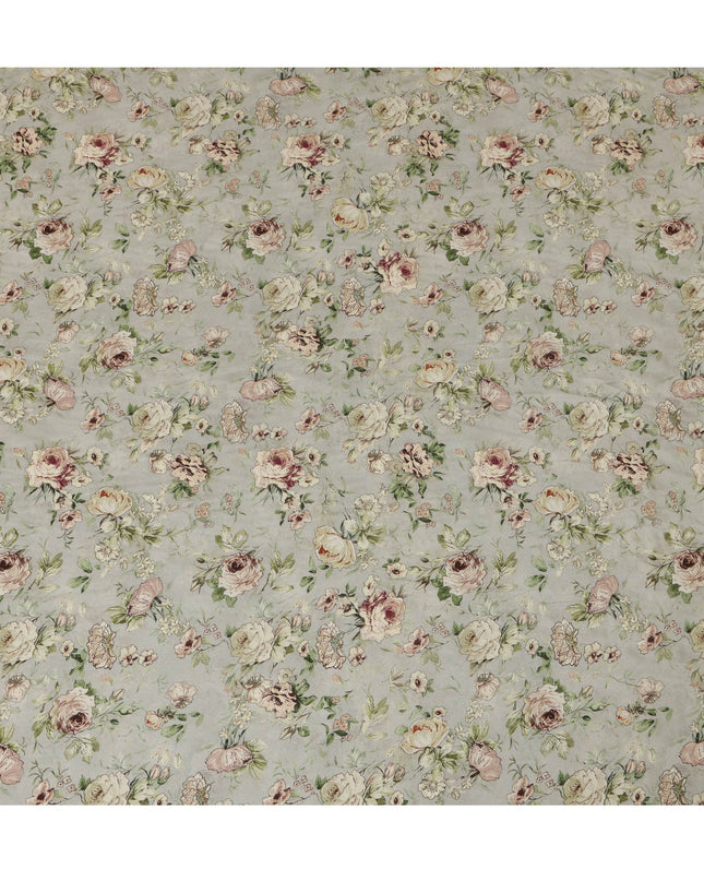 Viscose Crepe Fabric with Stone Work - Blush Pink and Cream Floral on Sage Green, 110 cm Width-D20667