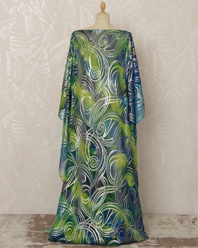 Somali Silk Chiffon Dirac Fabric with Metallic Lurex - Green and Blue Abstract Swirl, 3.5 Meters, 140 cm Width-D20668