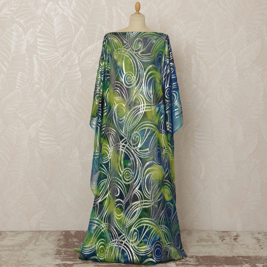 Somali Silk Chiffon Dirac Fabric with Metallic Lurex - Green and Blue Abstract Swirl, 3.5 Meters, 140 cm Width-D20668