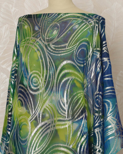 Somali Silk Chiffon Dirac Fabric with Metallic Lurex - Green and Blue Abstract Swirl, 3.5 Meters, 140 cm Width-D20668