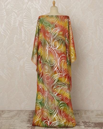 Somali Silk Chiffon Dirac Fabric with Metallic Lurex - Orange, Green, and Yellow Swirl, 3.5 Meters, 140 cm Width-D20670