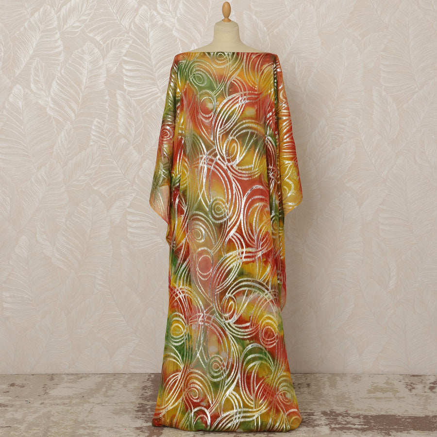 قماش شيفون حرير صومالي ديراك مع لوركس معدني - برتقالي وأخضر وأصفر، 3.5 متر، عرض 140 سم - D20670