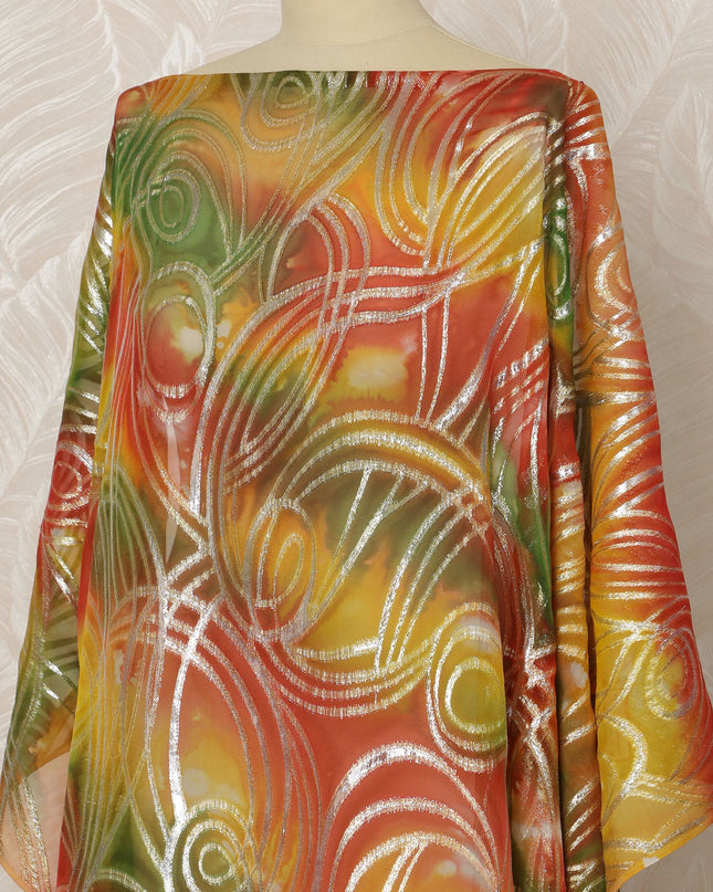 Somali Silk Chiffon Dirac Fabric with Metallic Lurex - Orange, Green, and Yellow Swirl, 3.5 Meters, 140 cm Width-D20670